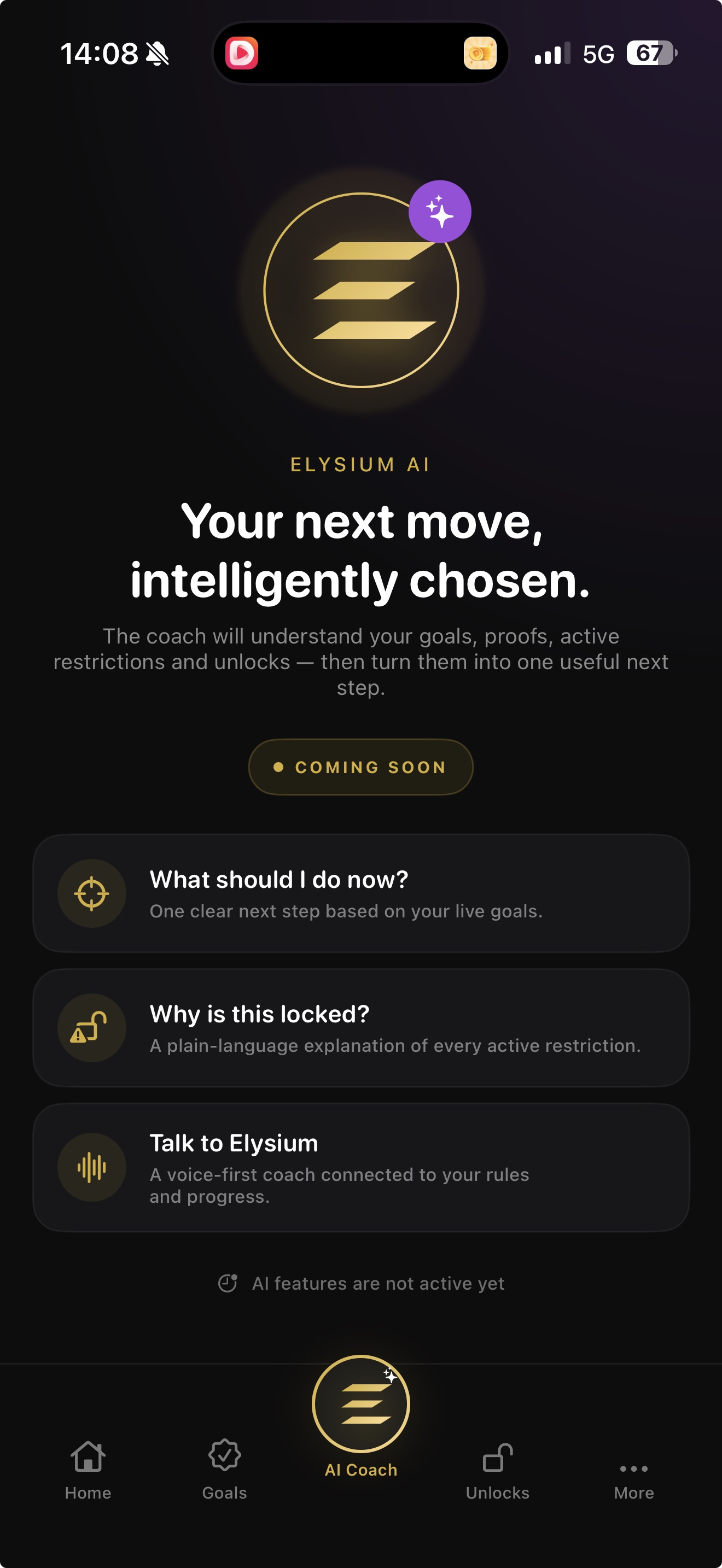 Elysium AI Coach mobile page showing intelligent next-move guidance
